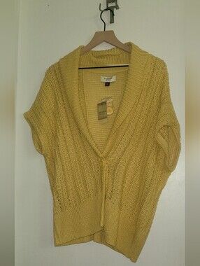Sonoma Open Knit Cardigan Women Medium Yellow Button Short Sleeve V-Neck